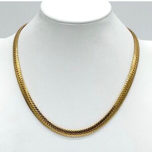 Vintage Gold Herringbone Chain Necklace Thick Flat Snake Link 18" Bold